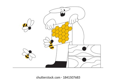 Beekeeper picking honey at apiary, bees swarm flying around in simple minimal outline design isolated on white background. Flat Art Vector Illustration