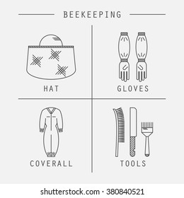 Beekeeper profession line icons. Beekeeping hat, gloves, coverall and tools. 