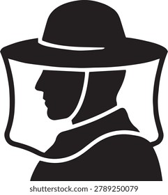 Beekeeper profile silhouette vector icon, black solid apiarist man symbol with protective veil hat for organic honey farming, apiculture uniform layout.