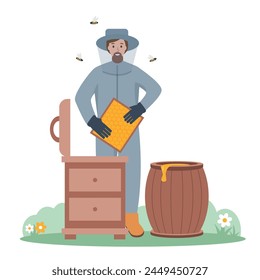Beekeeper in protection suit with honeycomb extracting honey from beehive. Male character Farmer man with bees isolated on white background. Farming concept Vector illustration.