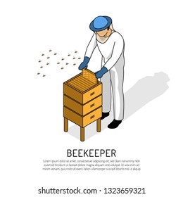 Beekeeper in protective clothing during work with bee hive on white background isometric vector illustration