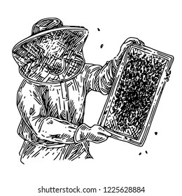 Beekeeper in protective clothing keeping honeycomb with bees. Sketch. Engraving style. Vector illustration.