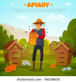 Beekeeper in protective hat with honeycombs between flowers and beehives on mountain background cartoon vector illustration