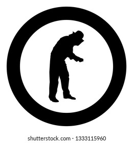 Beekeeper in protective outfit clothing with hat with grid of bee stings collects honey Beekeeper beemaster apiarist in apiary taking honey icon black color vector in circle round illustration
