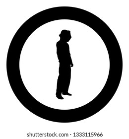 Beekeeper in protective outfit clothing with hat with grid of bee stings collects honey Beekeeper beemaster apiarist in apiary View side icon black color vector in circle round illustration