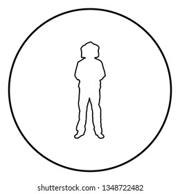Beekeeper in protective outfit clothing with hat with grid of bee stings collects honey Beekeeper beemaster apiarist in apiary View front icon outline black color vector in circle round illustration