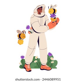 Beekeeper in protective suit gathers harvest at apiculture farm. Cute honeybees fly, carry honeycombs. Apiarist, bee garden farmer collects honey. Flat vector illustration isolated on white background