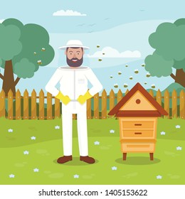 Beekeeper in Protective Suit Stand near Beehive. Protective Suit. Beemaster at Spiary. Breed Bees. Produce Honey. Beekeeper Costume. Stand near Hive. Apiary on Background Forest. Vector Illustration.