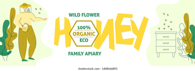 Beekeeper in a protective suit stand near apiary with a jar of honey. Honey organic business production process banner. Isolated flat trendy cartoon modern style Illustration character for poster.