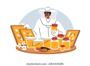 Beekeeper selling honey, organic bee food products at local farm market stall. Merchant with honeycomb, healthy ambrosia behind counter. Flat vector illustration isolated on white background