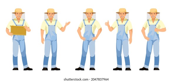 Beekeeper. A set of objects. Isolated on white background. Character in uniform and mesh protective hat. Person is a middle aged man. Cute smiles. Vector.