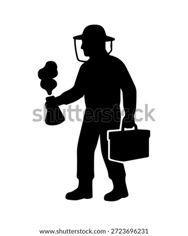 Beekeeper silhouette in protective suit holding a smoking beekeeping smoker and an equipment box