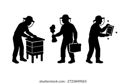 Beekeeper silhouette working with beehive set on white background