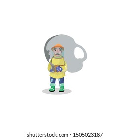 Beekeeper in special clothes holding dipper with honey