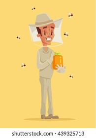 Beekeeper in special suit hold jar of honey. Vector flat cartoon illustration