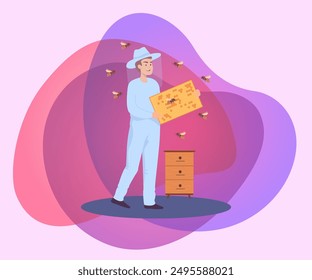 Beekeeper in special suit opening beehive in apiary. Male apiarist, bees and langstroth hives flat vector illustration. Agriculture, beekeeping concept