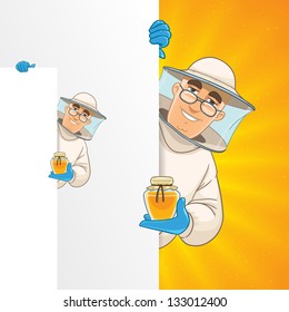 beekeeper standing by white blank card and showing honey pot