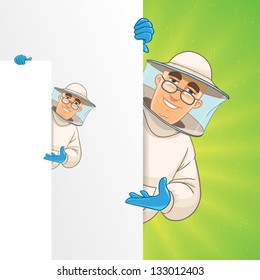 beekeeper standing by white blank card and pointing at something about beekeeping