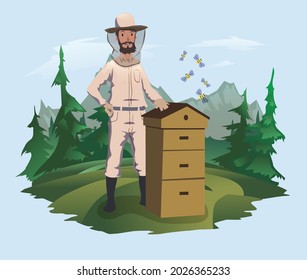 The beekeeper is standing next to the hive. Mountain landscape in the background. Honey production, vector illustration.