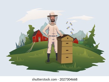 The beekeeper is standing next to the hive. Mountain landscape in the background. Honey production, vector illustration.