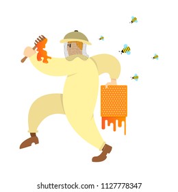 an beekeeper steals honey from bees,cartoon character, vector image, flat design