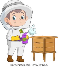 Beekeeper in suit hat at beehive with smoker of illustration