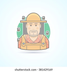 Beekeeper surrounded by bees, man in a bee protective veil icon. Avatar and person illustration. Flat colored outlined style. Vector illustration.