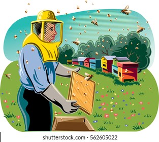 Beekeeper takes care of his hive, surrounded by worker bees.