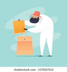 Beekeeper takes honeycomb from hive. Flat design vector illustration.	