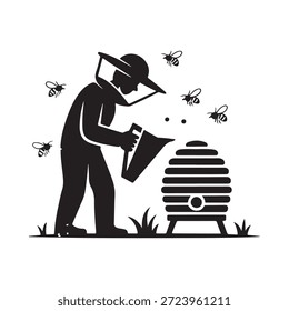 A beekeeper tending to a beehive with flying bees in a graphic style