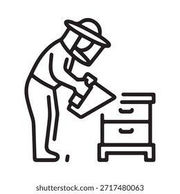 A beekeeper tending to a beehive with protective gear and equipment