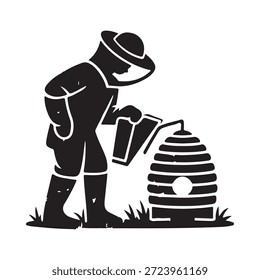 A beekeeper tending to a beehive in a simple black and white illustration