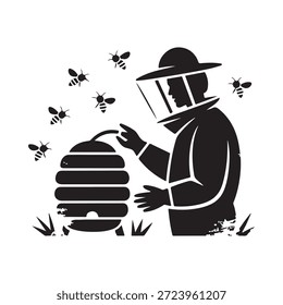 Un apicultor que atiende a una colmena rodeado de abejas voladoras en un campo