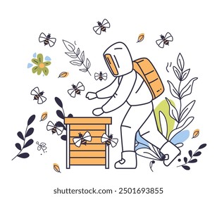 Beekeeper tending hive surrounded by bees eco-friendly organic farming concept person in protective suit foliage flowers minimalistic line art