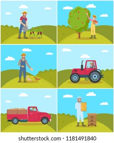 Beekeeper and tractor driving on farm field. Man watering eggplants, person feeding fowls, poultry domestic birds and woman picking apples vector