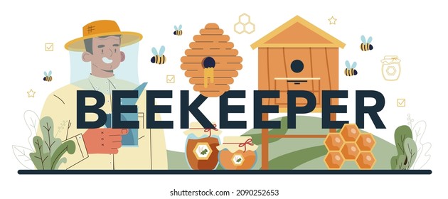 Beekeeper typographic header. Hiver gathering honey. Countryside organic product. Apiary worker, beekeeping and honey exctraction. Vector illustration
