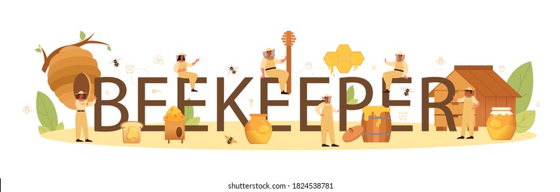 Beekeeper typographic header. Professional farmer with hive and honey. Countryside organic product. Apiary worker, beekeeping and honey production. Vector illustration