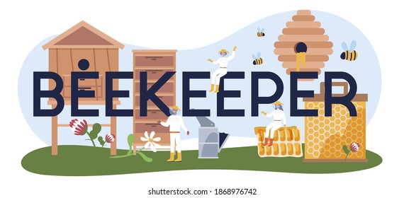 Beekeeper typographic header. Professional farmer with hive and honey. Countryside organic product. Apiary worker, beekeeping and honey production. Vector illustration