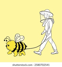A beekeeper walks his bee on a leash. Vector
