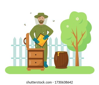 Beekeeper wearing protection suit with honeycombs and flying bees in the bee-garden. Beekeeping hobby summer concept. Vector illustration