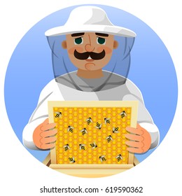 Beekeeper in a white suit. Portrait of a man in a beekeeper suit with a honeycomb frame in his hands. Vector illustration.