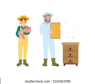 Beekeeper and woman with pig, farming people icons set vector. Farmer holding small piglet in hands. Beekeeping working man with bees and honeycomb