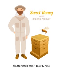 Beekeeper and wooden beehive isolated on white background. Vector illustration of Apiarist man in protective suit in cartoon flat style. 
