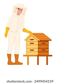 Beekeeper with wooden beehive. Professional worker with protective uniform. Cartoon character design. Ideal for educational content and apiary guides. Vector illustration isolated on white background.