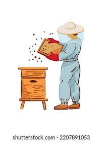 Beekeeper work with hives and honey bees isolated on white. Beekeeper evaluates the quality of honey on a farm. A man is engaged in beekeeping in nature as a summer hobby. Cartoon vector illustration