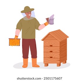 Beekeeper work with honeybee hive. Apiarist holds smoker and honeycomb frame flat vector illustration. Honey farmer scene