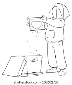 beekeeper at work.  nucleus frame inspection. fast line art sketch