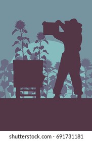 Beekeeper working in apiary in front of sunflower field vector background