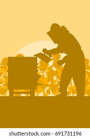 Beekeeper working in apiary in front of sunflower field vector background