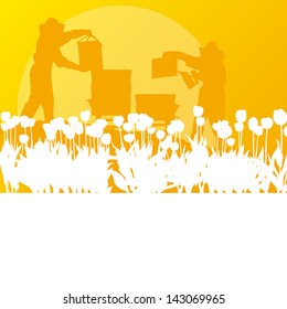 Beekeeper working in apiary and pollinating flowers vector background landscape